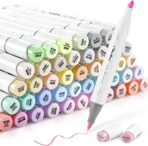 Ohuhu Pastel Markers Brush Tip - 48 Pastel Colors Double Tipped, Marker Set of Honolulu Sweetness for Artist Adults Coloring Sketching Illustration- Brush & Chisel- Alcohol-based Refillable Ink