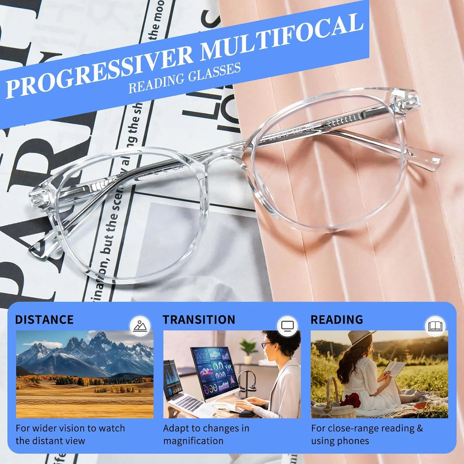 OPTOFENDY Progressive Multifocal Reading Glasses for Women Men, TR90 Blue Light Computer Readers Anti Glare/Eyestrain
