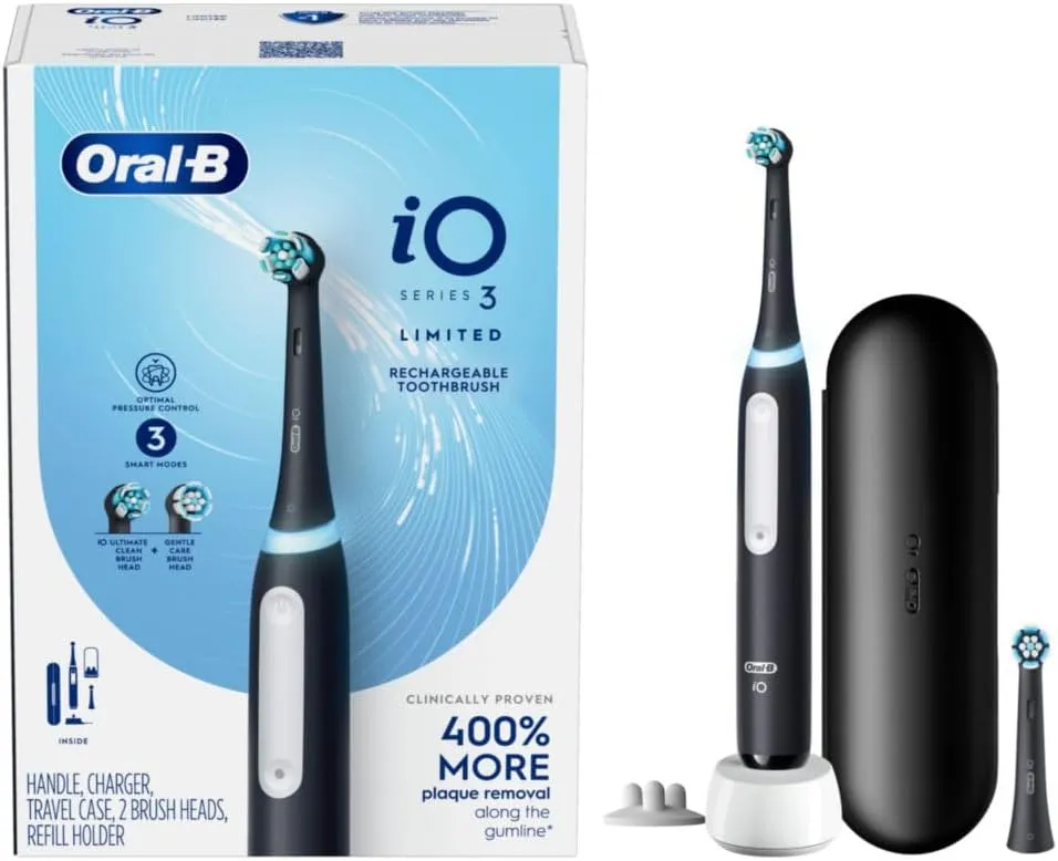 Oral-B iO Deep Clean Rechargeable Electric Powered Toothbrush, Black with iO Series 3 Limited, 2 Brush Heads and Travel Case - Pressure Sensor to Protect Gums - 3 Cleaning Settings - 2 Minute Timer