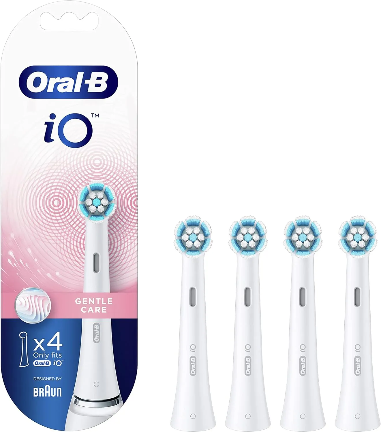 Oral-B iO Gentle Care Electric Toothbrush Head, Twisted & Angled Bristles for Deeper Plaque Removal, Pack of 4 Toothbrush Heads, Suitable for Mailbox, White