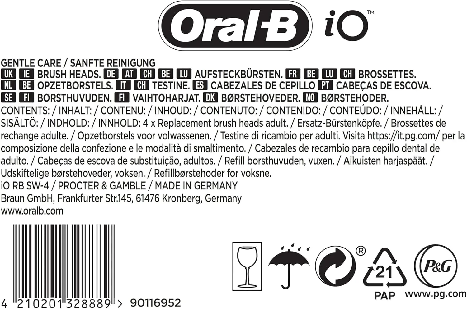 Oral-B iO Gentle Care Electric Toothbrush Head, Twisted & Angled Bristles for Deeper Plaque Removal, Pack of 4 Toothbrush Heads, Suitable for Mailbox, White