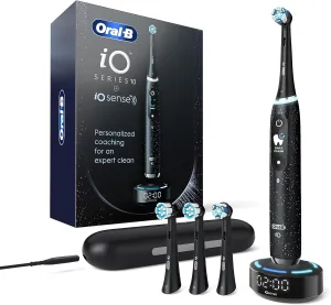Oral-B iO Series 10 Rechargeable Electric Toothbrush with Visible Pressure Sensor to Protect Gums, 2 Min Timer, 7 Cleaning Settings, 4 Replacement Toothbrush Heads, and Charging Travel Case, Black