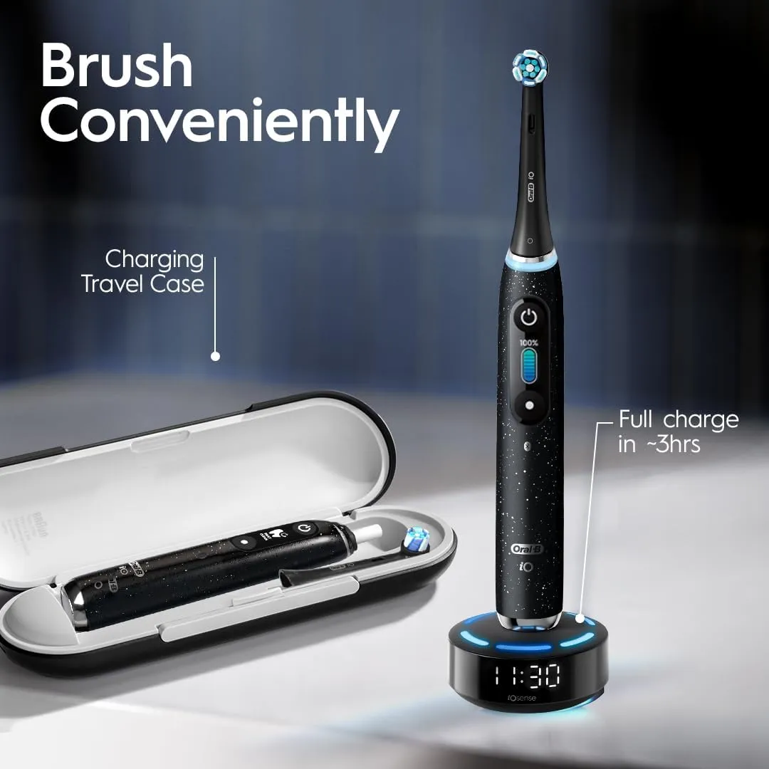 Oral-B iO Series 10 Rechargeable Electric Toothbrush with Visible Pressure Sensor to Protect Gums, 2 Min Timer, 7 Cleaning Settings, 4 Replacement Toothbrush Heads, and Charging Travel Case, White