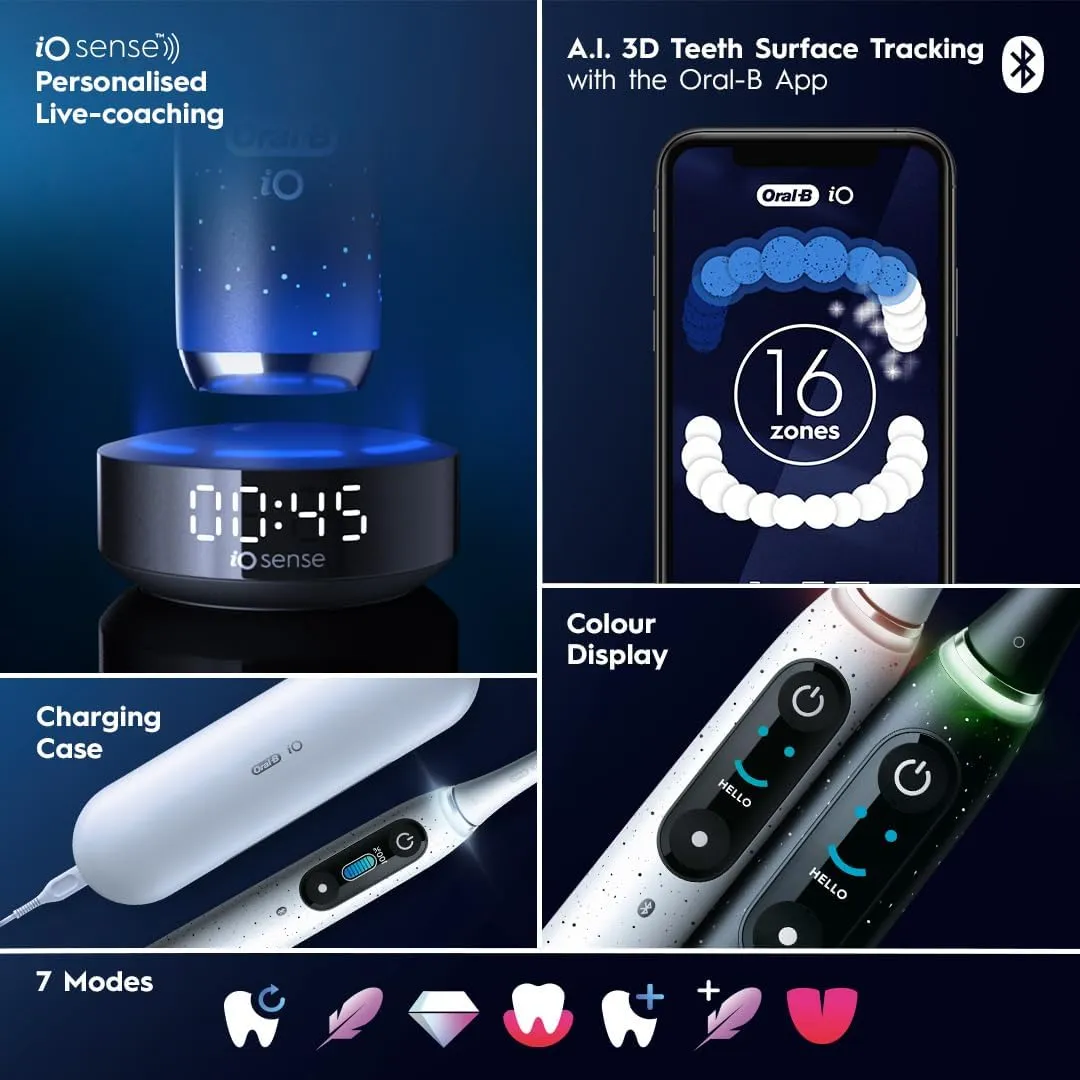 Oral-B iO Series 10 Rechargeable Electric Toothbrush with Visible Pressure Sensor to Protect Gums, 2 Min Timer, 7 Cleaning Settings, 4 Replacement Toothbrush Heads, and Charging Travel Case, White