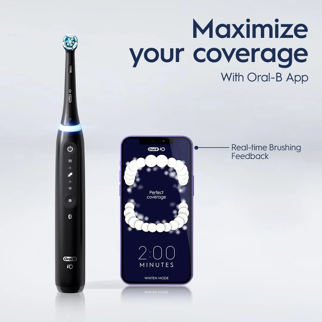 Oral-B iO Series 5 Ultimate White Rechargeable Electric Toothbrush with Visible Pressure Sensor, 2 Minute Timer, 5 Cleaning Settings, 1 Replacement Toothbrush Heads, and Travel Case, White