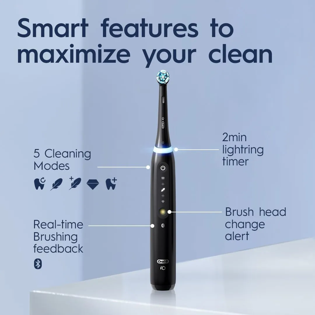 Oral-B iO Series 5 Ultimate White Rechargeable Electric Toothbrush with Visible Pressure Sensor, 2 Minute Timer, 5 Cleaning Settings, 1 Replacement Toothbrush Heads, and Travel Case, White