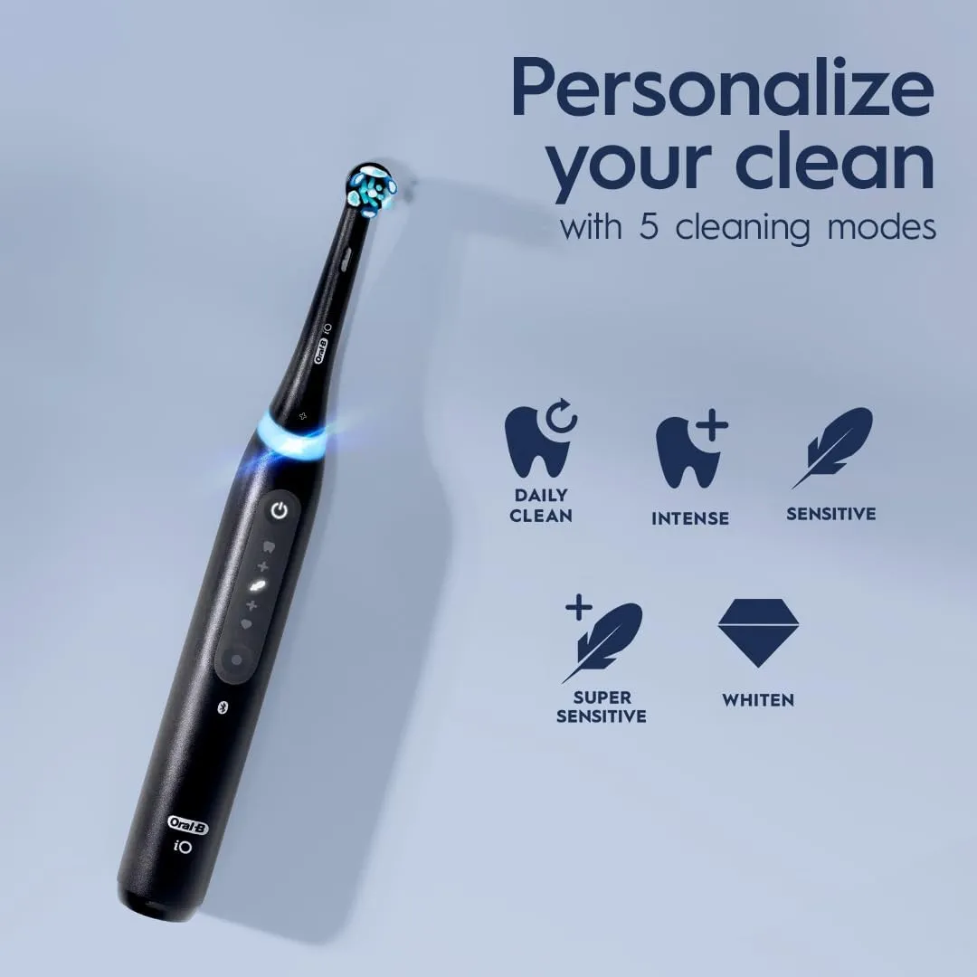 Oral-B iO Series 5 Ultimate White Rechargeable Electric Toothbrush with Visible Pressure Sensor, 2 Minute Timer, 5 Cleaning Settings, 1 Replacement Toothbrush Heads, and Travel Case, White