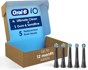 Oral-B iO Ultimate Clean Replacement Brush Heads, 5 Count, 4 Ultimate Clean   1 Gum & Sensitive Black