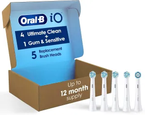 Oral-B iO Ultimate Clean Replacement Brush Heads, 5 Count, 4 Ultimate Clean   1 Gum & Sensitive White