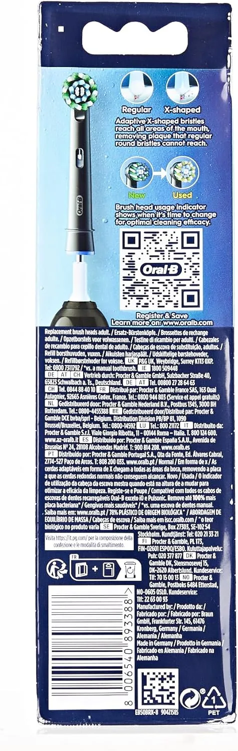 Oral-B Pro Cross Action Electric Toothbrush Head, X-Shape and Angled Bristles for Deeper Plaque Removal, Pack of 8 Toothbrush Heads, Black