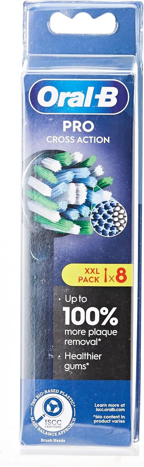 Oral-B Pro Cross Action Electric Toothbrush Head, X-Shape and Angled Bristles for Deeper Plaque Removal, Pack of 8 Toothbrush Heads, Black