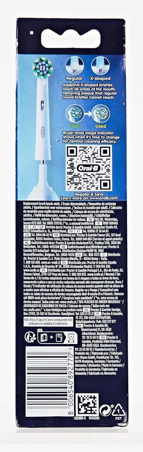 Oral-B Pro Cross Action Electric Toothbrush Head, X-Shape and Angled Bristles for Deeper Plaque Removal, Pack of 8 Toothbrush Heads, White