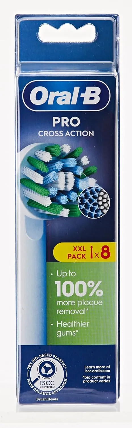 Oral-B Pro Cross Action Electric Toothbrush Head, X-Shape and Angled Bristles for Deeper Plaque Removal, Pack of 8 Toothbrush Heads, White