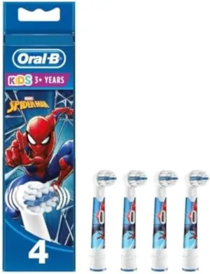Oral-B Pro Kids Electric Toothbrush Head, with Spiderman Characters, Extra Soft Bristles, for Ages 3 , Pack of 4 Toothbrush Heads, White