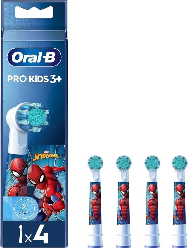 Oral-B Pro Kids Electric Toothbrush Head, with Spiderman Characters, Extra Soft Bristles, for Ages 3 , Pack of 4 Toothbrush Heads, White