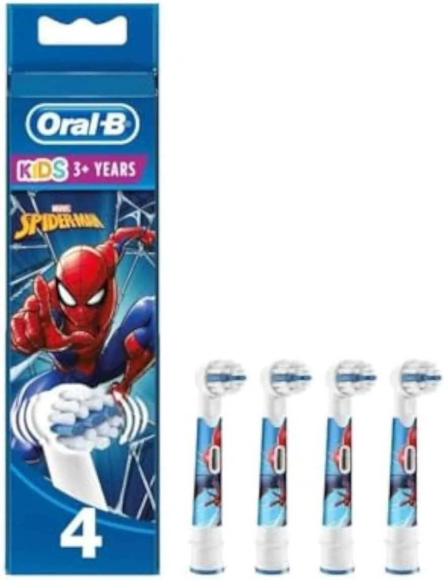 Oral-B Pro Kids Electric Toothbrush Head, with Spiderman Characters, Extra Soft Bristles, for Ages 3 , Pack of 4 Toothbrush Heads, White