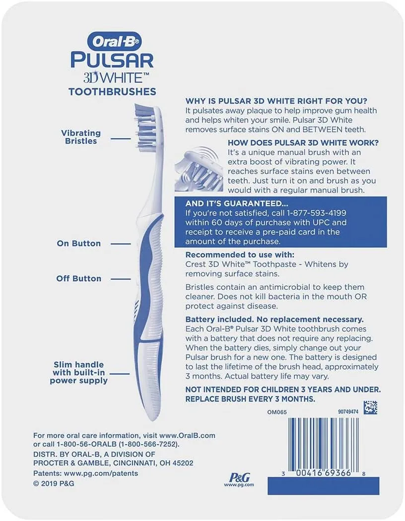 Oral-B Pulsar Vibrating Bristles Toothbrush, Medium, 4 Pack (Colors May Vary)