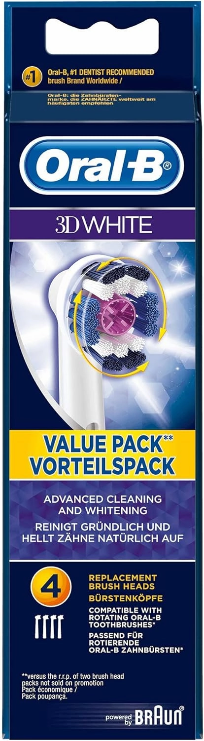 Oral-B Genuine 3D White Replacement Toothbrush Heads, Refills for Electric Toothbrush, Polishes to Remove Stains for Whiter Teeth, Pack of 4