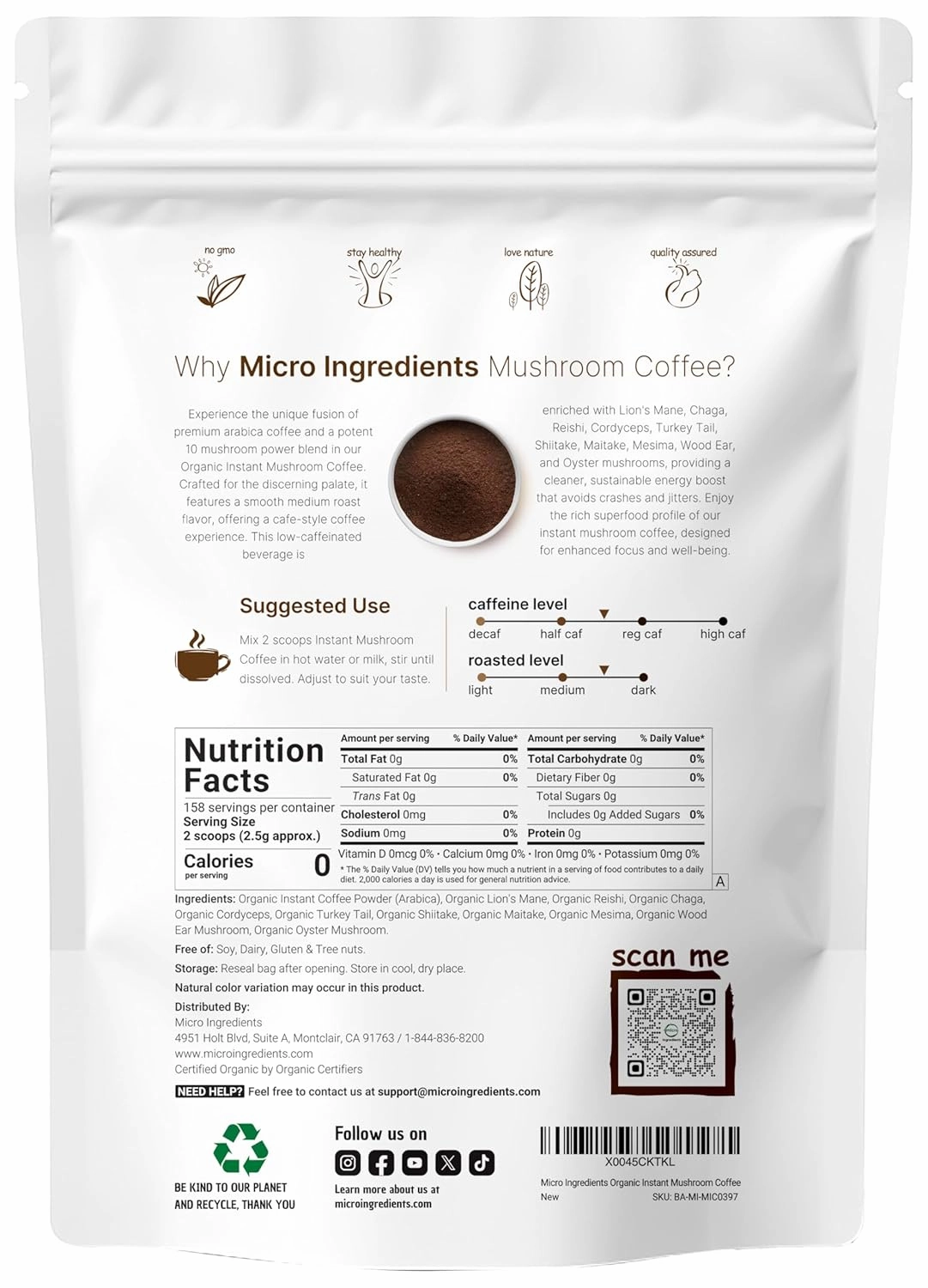 Organic Instant 10 in 1 Mushroom Coffee Powder, 14 Ounce (158 Servings) | Weight & Immune Support | Premium Arabica Coffee with Lion’s Mane, Chaga, Reishi,& More