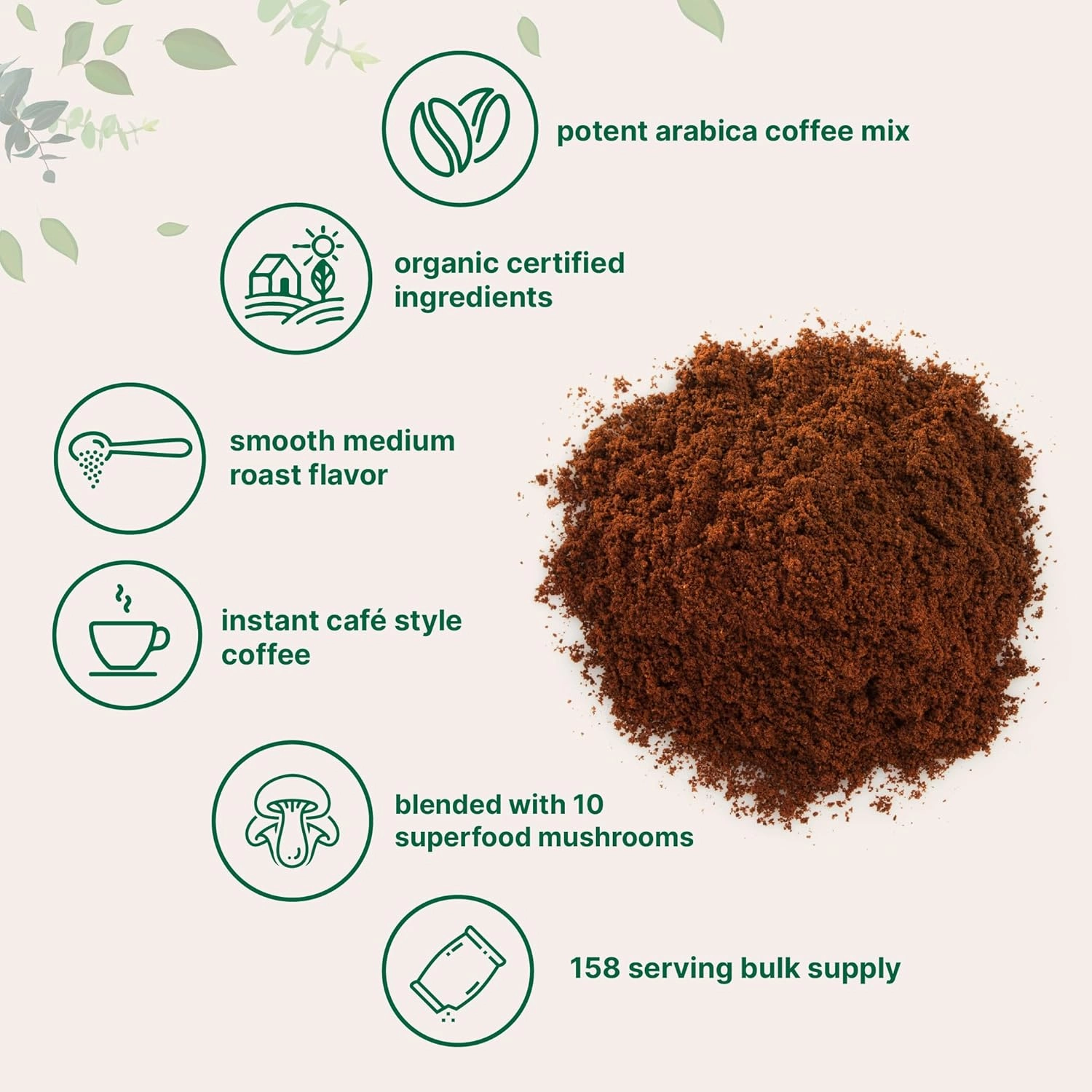 Organic Instant 10 in 1 Mushroom Coffee Powder, 14 Ounce (158 Servings) | Weight & Immune Support | Premium Arabica Coffee with Lion’s Mane, Chaga, Reishi,& More