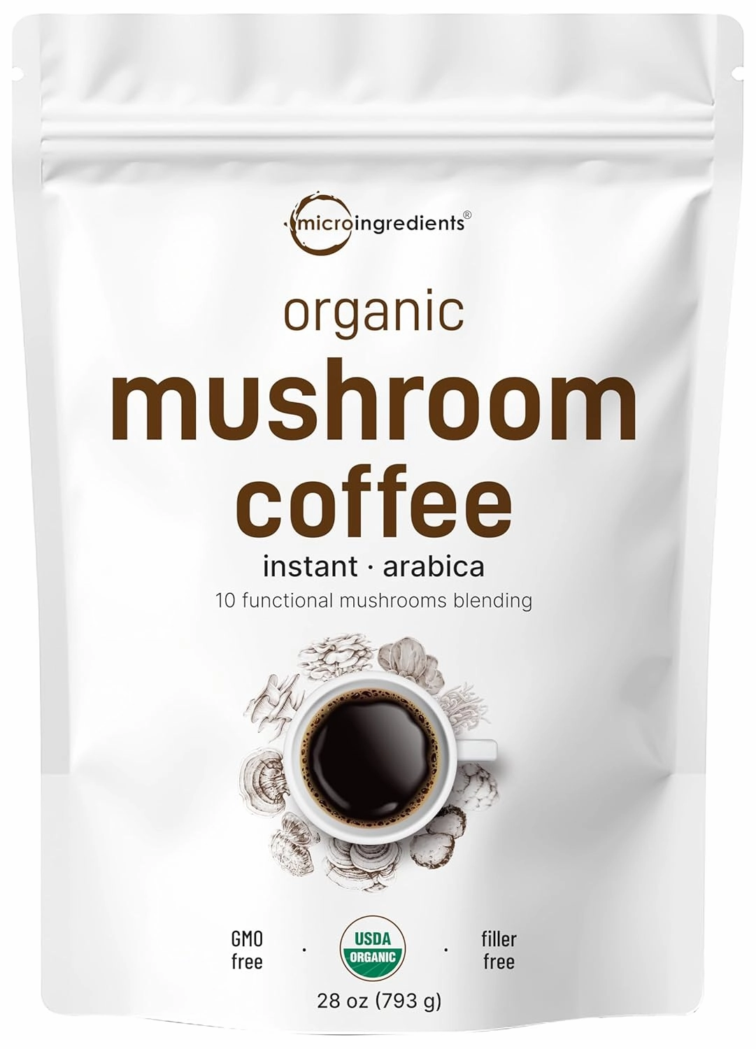 Organic Instant 10 in 1 Mushroom Coffee Powder, 28 Ounce (317 Servings) | Weight & Immune Support | Premium Arabica Coffee with Lion’s Mane, Chaga, Reishi,& More