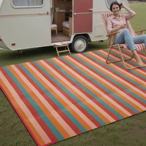 Outdoor Waterproof Patio Rug 6x9 Plastic Straw Reversible Outside Orange Red Colorful Stripe Carpet Lightweight Large Rug for Camping RV Porch Deck Balcony Beach