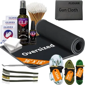 Oversized Mat/ 12Ga /9mm / 5.56mm Bore Cleaner  CLP Oil Gun Cleaning Kit,Gun Cleaning Supplies with Gun Snake,Gun Cleaning Patches,6-inch Swab,Gun Brushes,Cleaning Pick,Gun Cloth,Pad