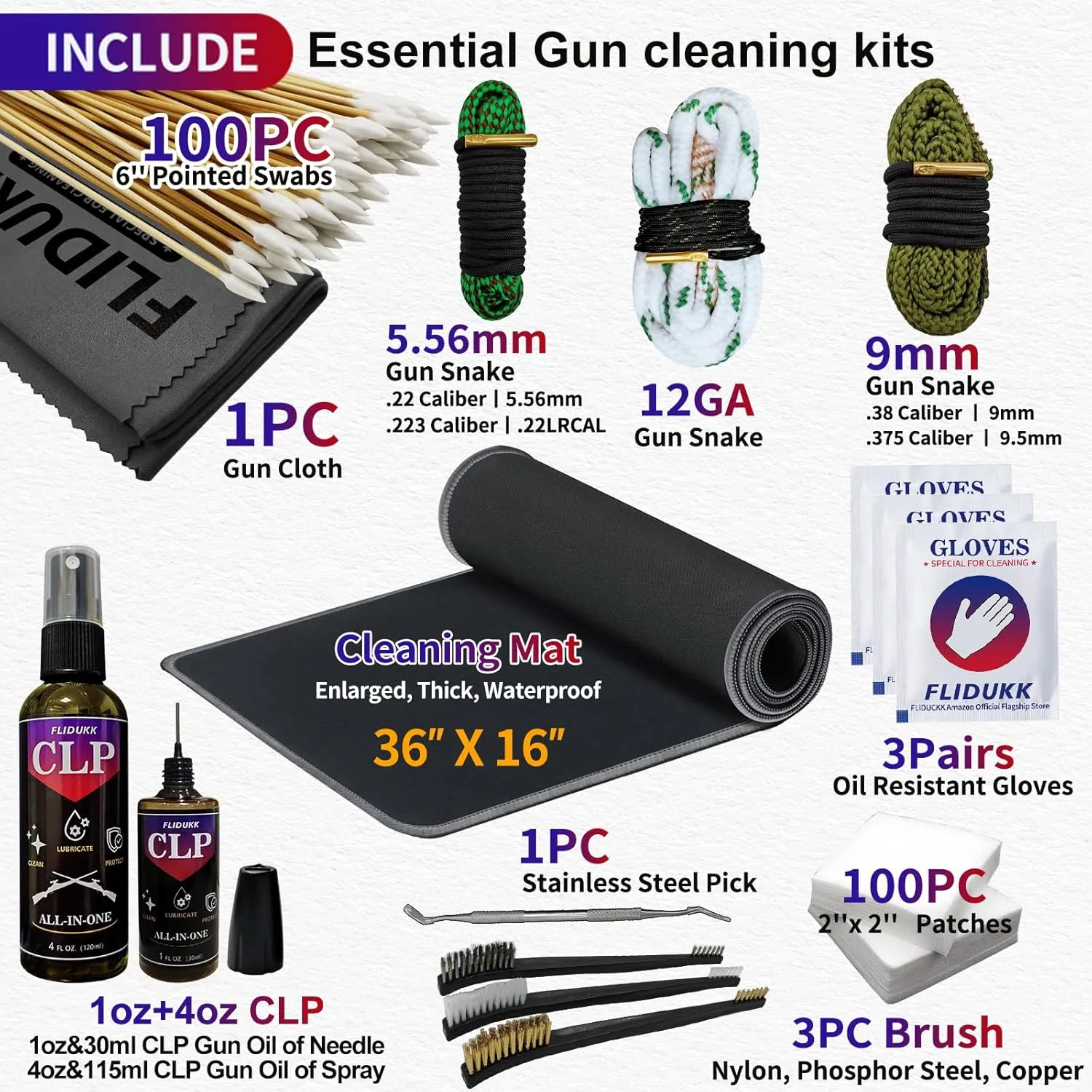 Oversized Mat/ 12Ga /9mm / 5.56mm Bore Cleaner  CLP Oil Gun Cleaning Kit,Gun Cleaning Supplies with Gun Snake,Gun Cleaning Patches,6-inch Swab,Gun Brushes,Cleaning Pick,Gun Cloth,Pad