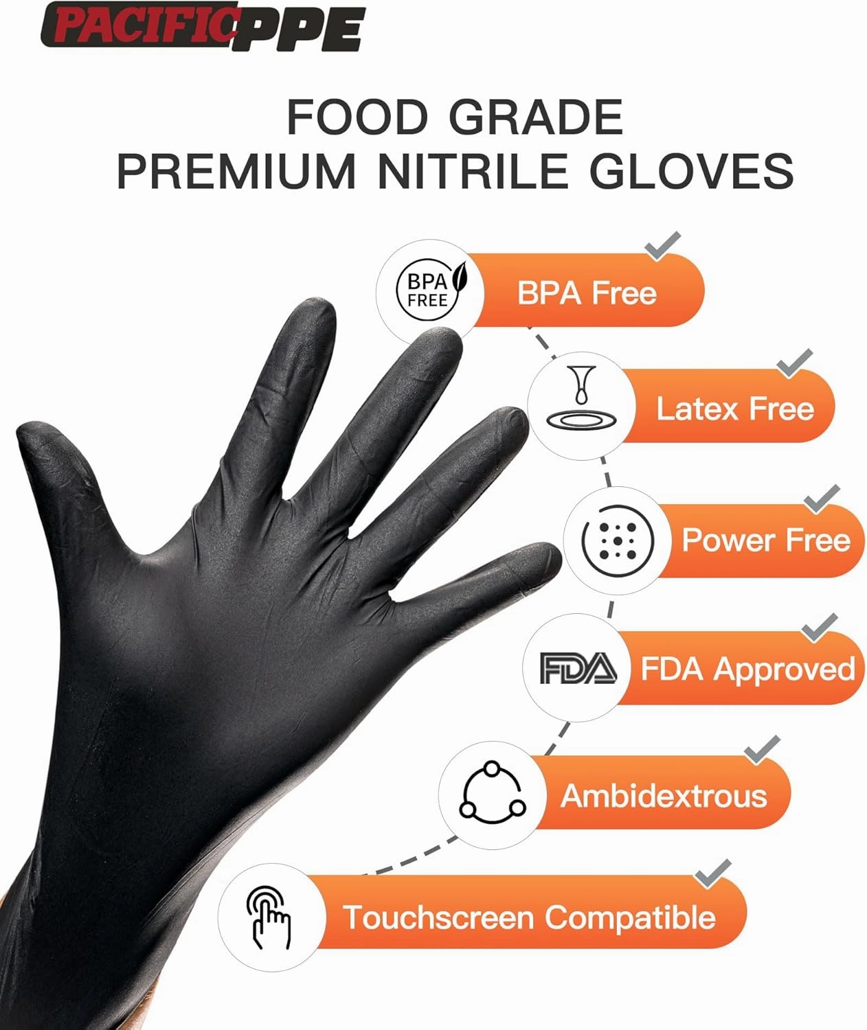 PACIFIC PPE Black Nitrile Disposable Gloves, 6 Mil, Food-Safe, Cooking & Cleaning, Powder-Free, Heavy-Duty, Textured Fingertips, 100 Count, Large