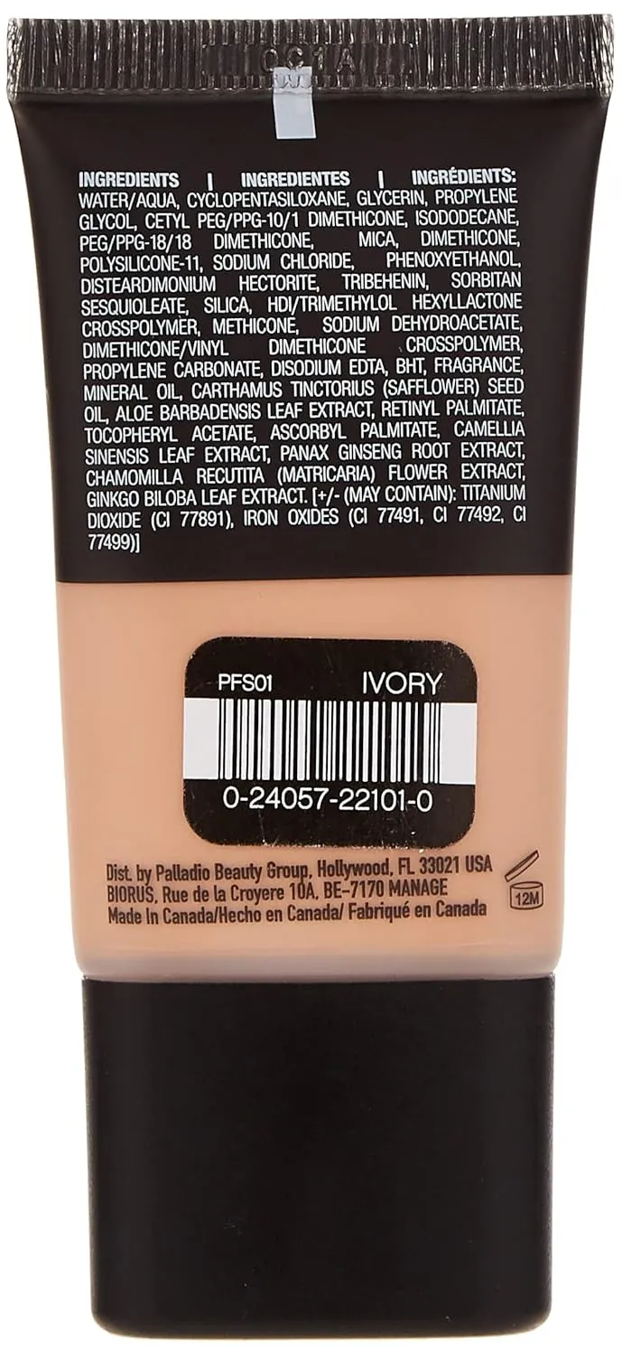 Palladio Powder Finish Liquid Foundation, Natural Matte Appearance, Reduces Fine Lines, Covers Large Pores, Hides Imperfections, All Day Wear, Sheer to Medium Coverage, Ivory
