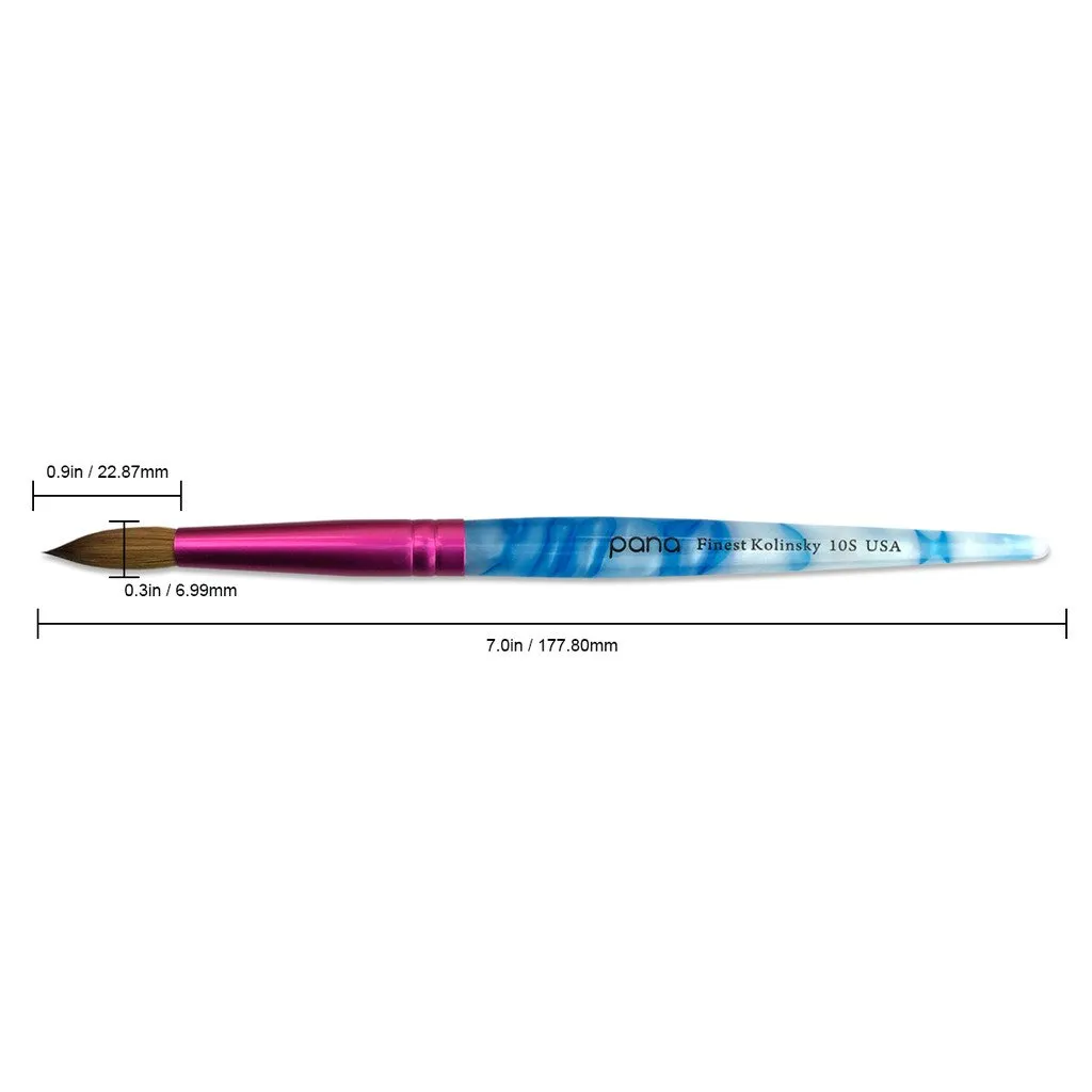 PANA USA Acrylic Nail Brush Pure Kolinsky Hair Acrylic White Swirl Blue Handle with Pink Ferrule Round Shaped - Size 10