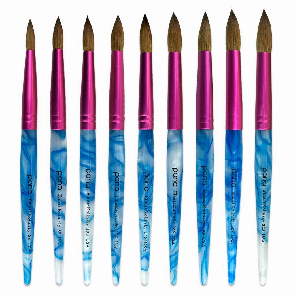 PANA USA Acrylic Nail Brush Pure Kolinsky Hair Acrylic White Swirl Blue Handle with Pink Ferrule Round Shaped - Size 12