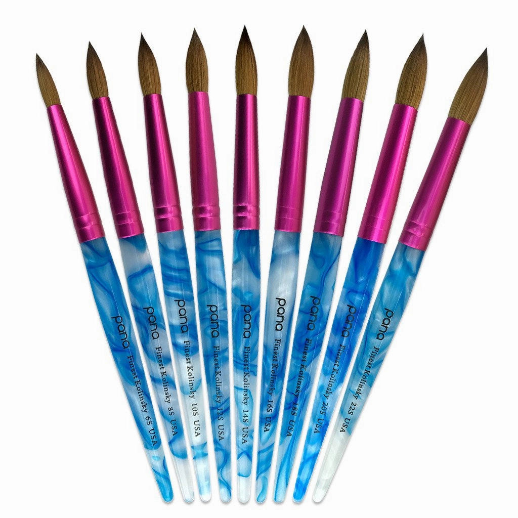 PANA USA Acrylic Nail Brush Pure Kolinsky Hair Acrylic White Swirl Blue Handle with Pink Ferrule Round Shaped - Size 8