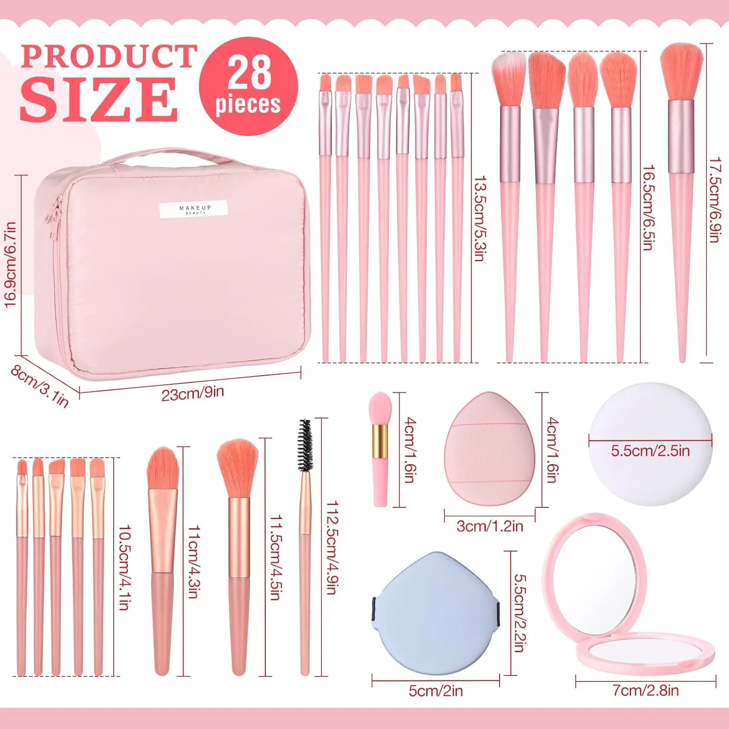 Paterr 28 Pcs Women Travel Makeup Set Makeup Bag with Makeup Brushes Premium Synthetic Brush and Mirror for Women Gift Travel Reusable Cosmetic(Pink)