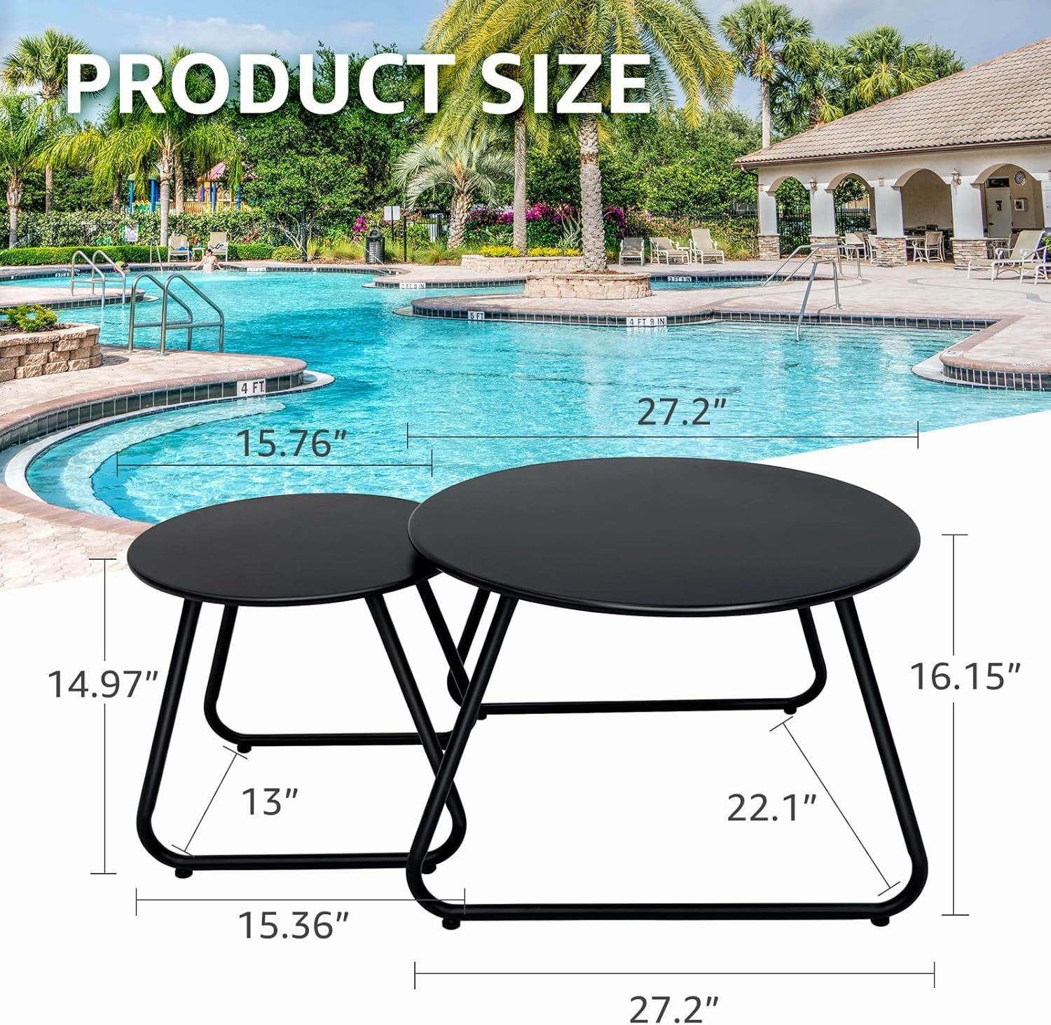 Patio Outdoor Coffee Table Set of 2, Weather Resistant Steel Round End Tables, Outdoor Nesting Table for Patio, Balcony, Bistro and Indoor, Black