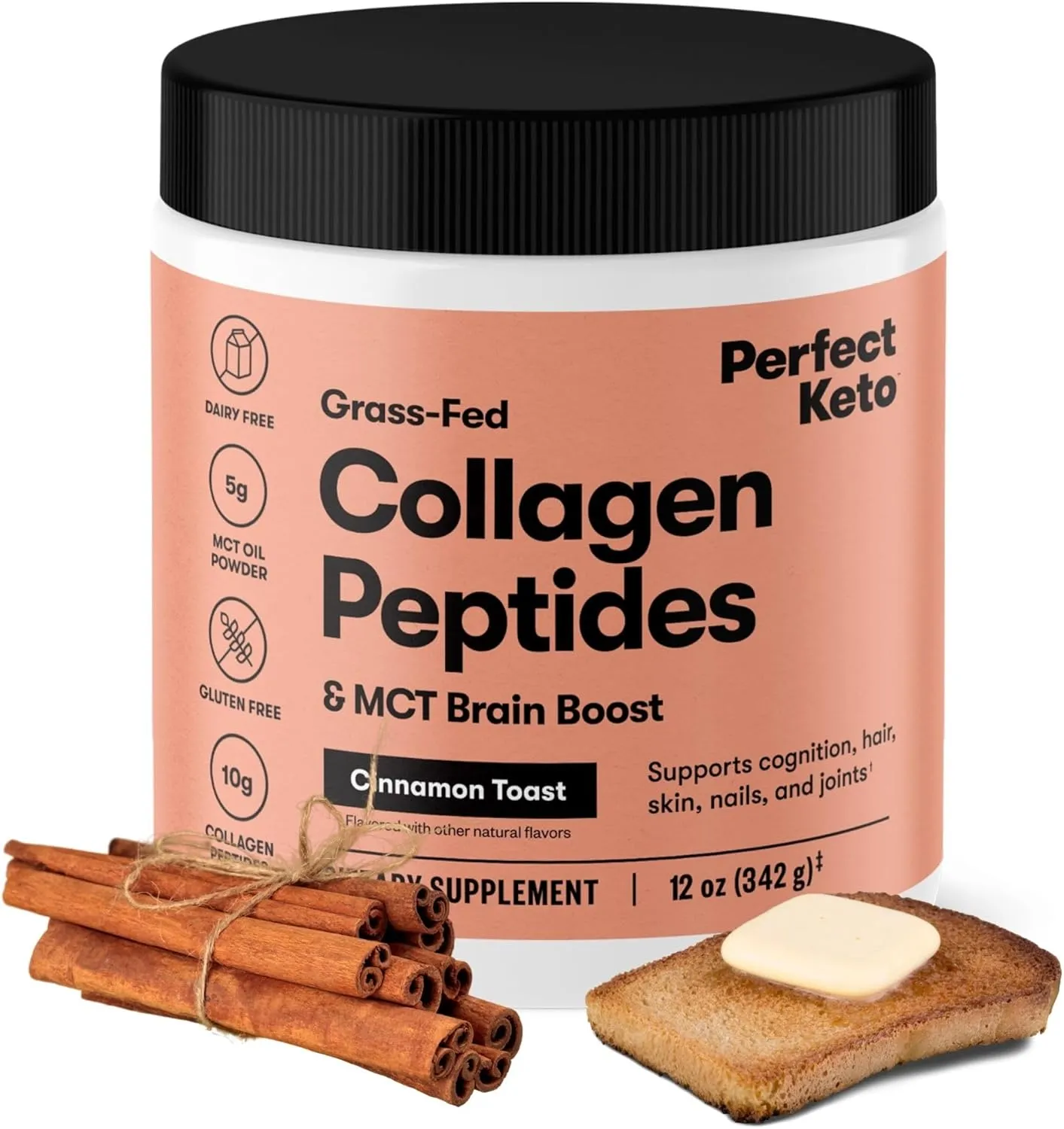 Perfect Keto Collagen Peptides Protein Powder with MCT Oil, Hydrolyzed Collagen, Type I & III Supplement, Gluten Free Grass Fed, Low Carb, Keto Coffee Creamer, Collagen for Women & Men, Cinnamon Toast