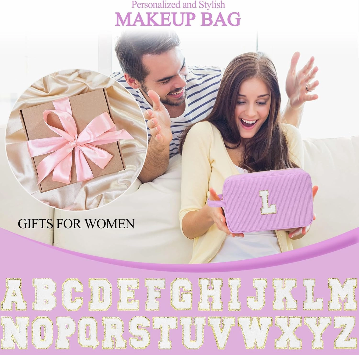 Personalized Initial Cute Makeup Bag Purple Cosmetic Bag Travel Toiletry Bag, Trendy Stuff Mother's Day Birthday/Graduation Gifts for Women Girls Mom Girlfriend Wife Makeup Organizer Case - A