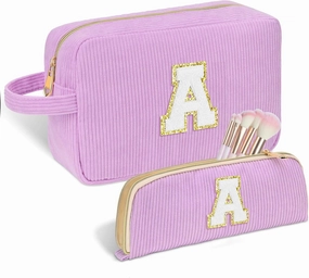 Personalized Initial Cute Makeup Bag Purple Cosmetic Bag Travel Toiletry Bag, Trendy Stuff Mother's Day Birthday/Graduation Gifts for Women Girls Mom Girlfriend Wife Makeup Organizer Case - A