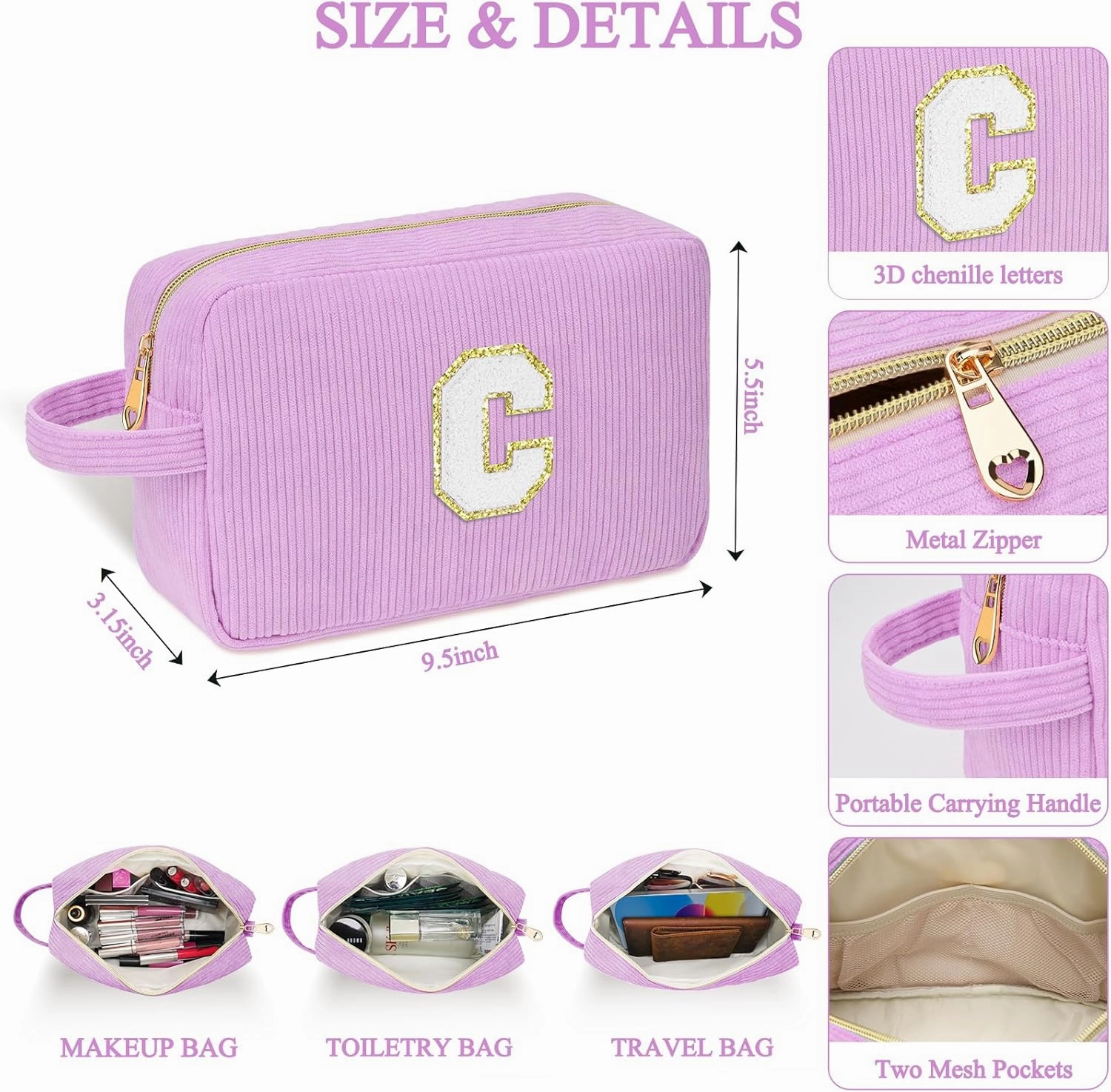 Personalized Initial Cute Makeup Bag Purple Cosmetic Bag Travel Toiletry Bag, Trendy Stuff Mother's Day Birthday/Graduation Gifts for Women Girls Mom Girlfriend Wife Makeup Organizer Case - A