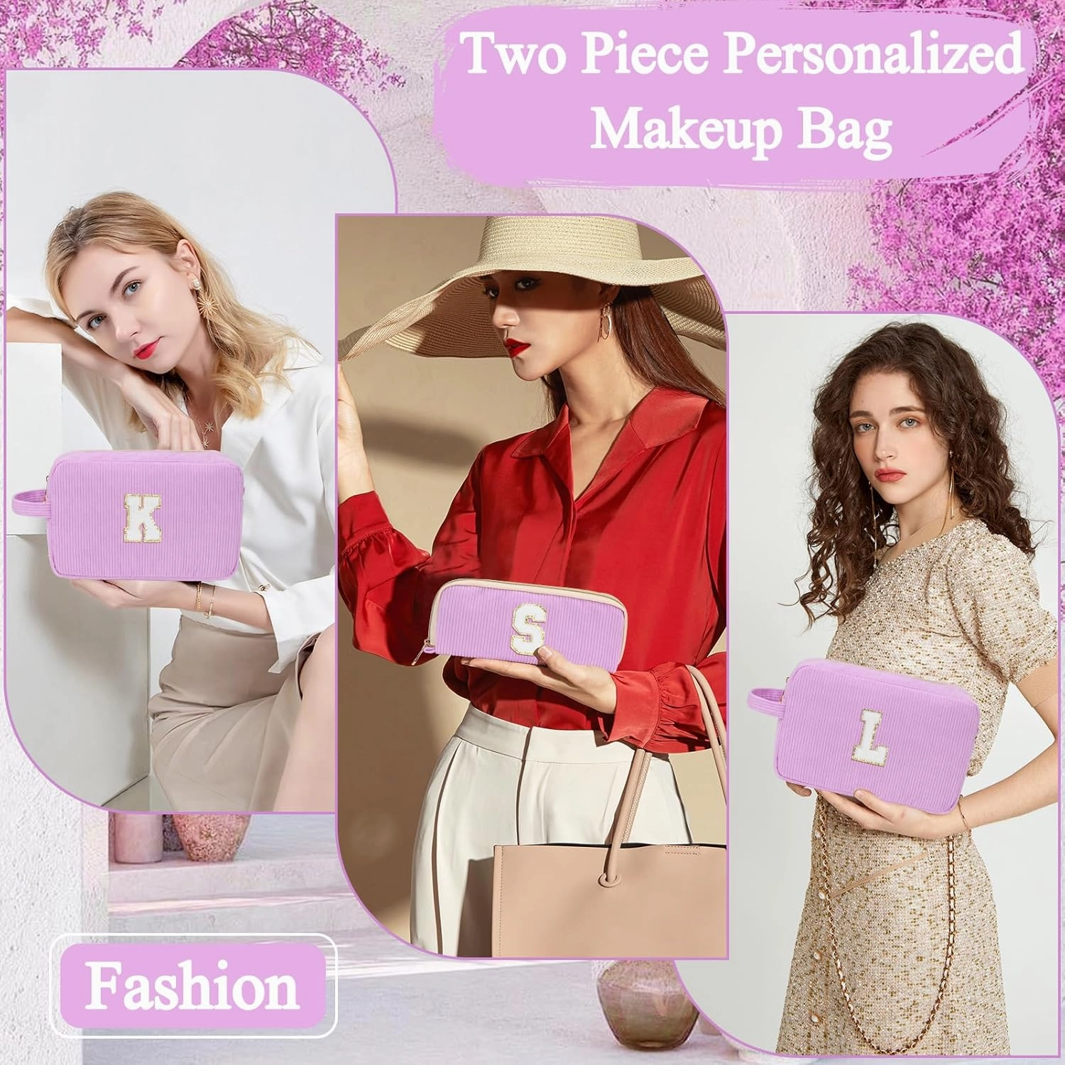 Personalized Initial Cute Makeup Bag Purple Cosmetic Bag Travel Toiletry Bag, Trendy Stuff Mother's Day Birthday/Graduation Gifts for Women Girls Mom Girlfriend Wife Makeup Organizer Case - A