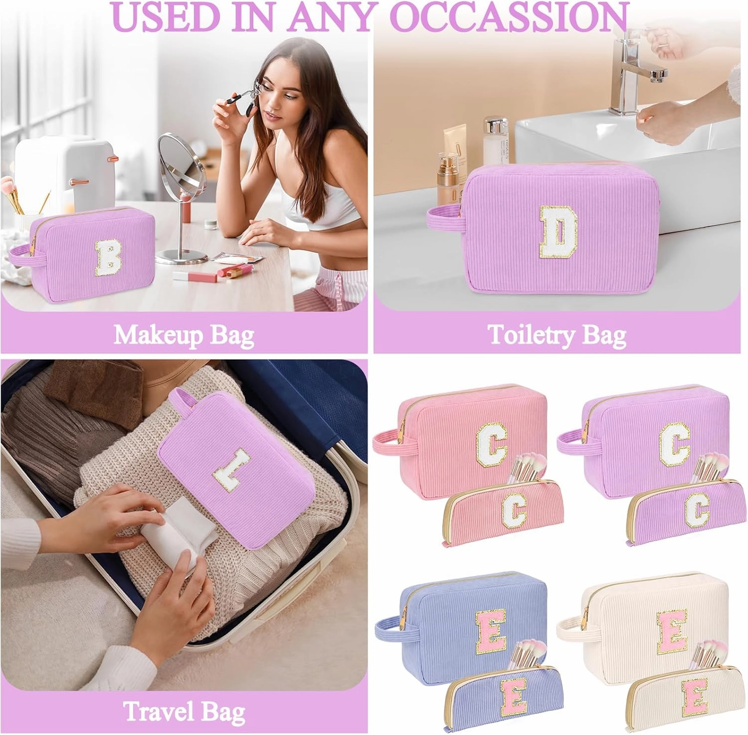 Personalized Initial Cute Makeup Bag Purple Cosmetic Bag Travel Toiletry Bag, Trendy Stuff Mother's Day Birthday/Graduation Gifts for Women Girls Mom Girlfriend Wife Makeup Organizer Case - A