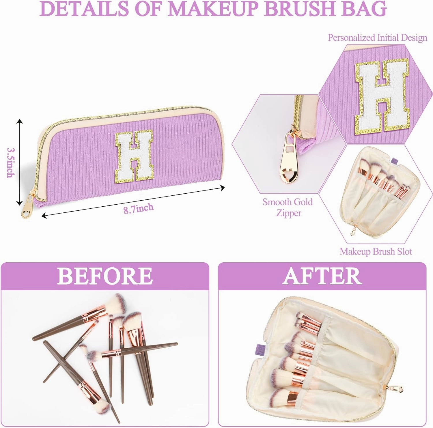 Personalized Initial Cute Makeup Bag Purple Cosmetic Bag Travel Toiletry Bag, Trendy Stuff Mother's Day Birthday/Graduation Gifts for Women Girls Mom Girlfriend Wife Makeup Organizer Case - A