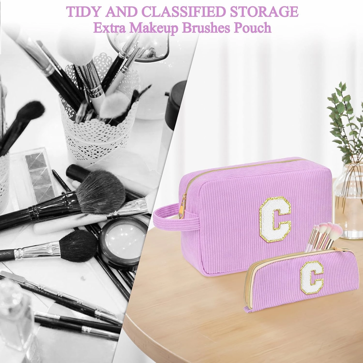 Personalized Initial Cute Makeup Bag Purple Cosmetic Bag Travel Toiletry Bag, Trendy Stuff Mother's Day Birthday/Graduation Gifts for Women Girls Mom Girlfriend Wife Makeup Organizer Case - A