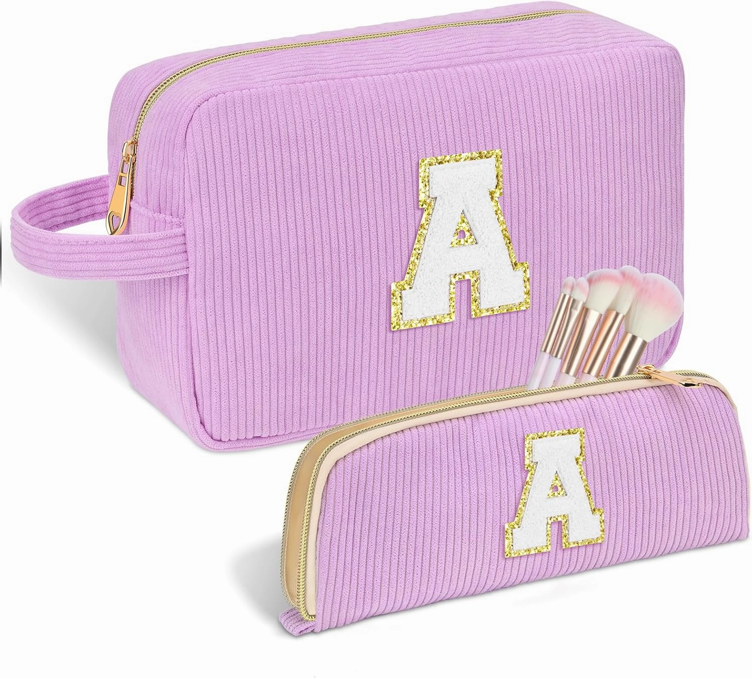 Personalized Initial Cute Makeup Bag Purple Cosmetic Bag Travel Toiletry Bag, Trendy Stuff Mother's Day Birthday/Graduation Gifts for Women Girls Mom Girlfriend Wife Makeup Organizer Case - A