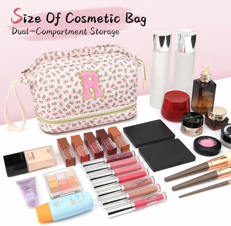 Personalized Makeup Bag Initial Graduation Gifts, Perfect Gifts Trendy Stuff Cosmetic Bag, Teacher Appreciation Gift, Travel Make up Bag for Women Dance Recital Gift for Girls - Red flower S