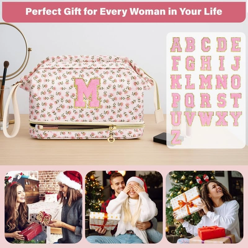 Personalized Makeup Bag Initial Graduation Gifts, Perfect Gifts Trendy Stuff Cosmetic Bag, Teacher Appreciation Gift, Travel Make up Bag for Women Dance Recital Gift for Girls - Red flower S