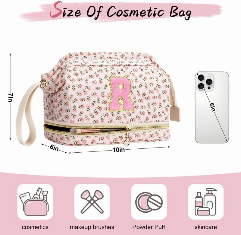 Personalized Makeup Bag Initial Graduation Gifts, Perfect Gifts Trendy Stuff Cosmetic Bag, Teacher Appreciation Gift, Travel Make up Bag for Women Dance Recital Gift for Girls - Red flower S