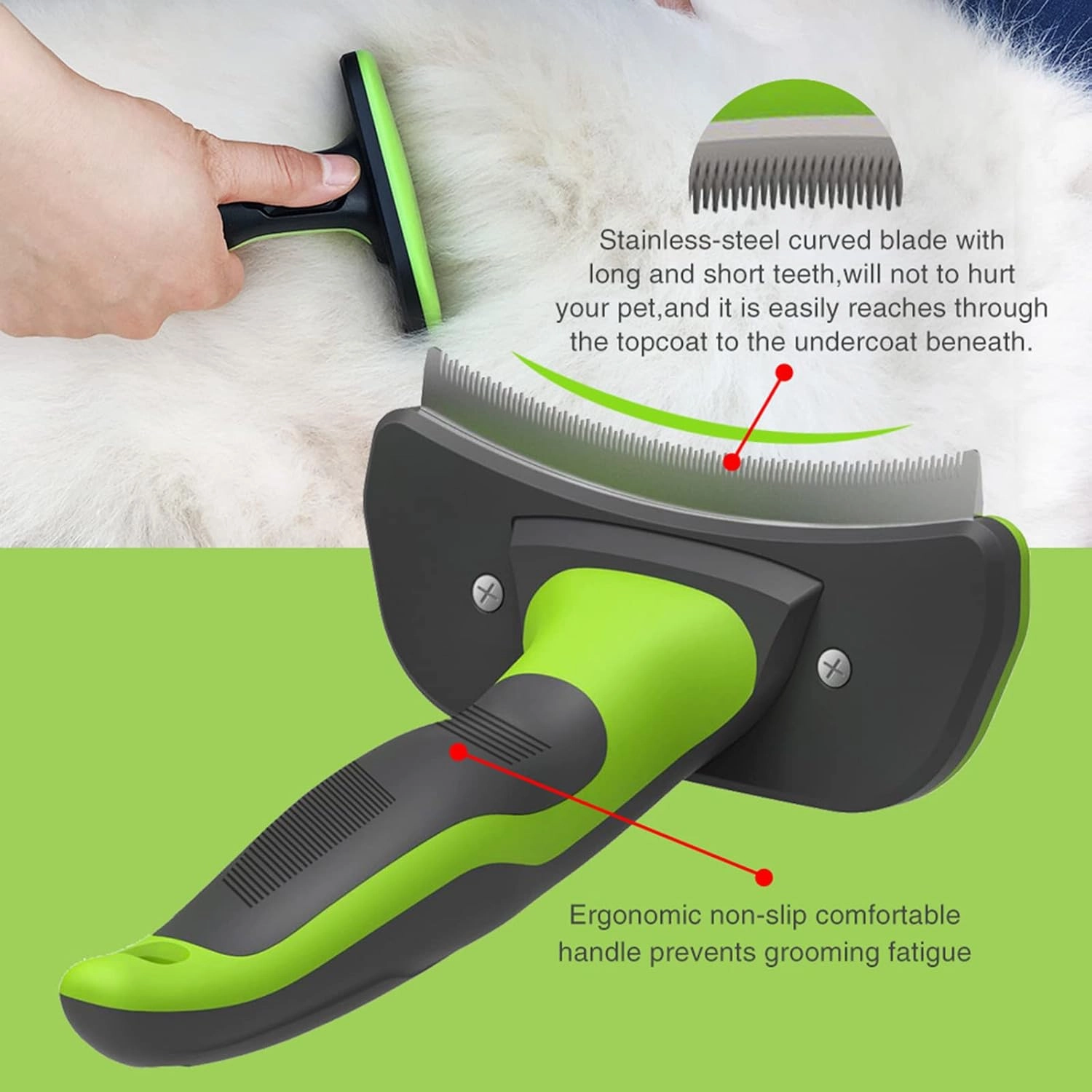 Pet Grooming Brush for Dogs and Cats, Green, Effectively Reduces Shedding by Up to 95%, Self-Cleaning, Long or Short Hair Remover for Medium Dogs & Cats