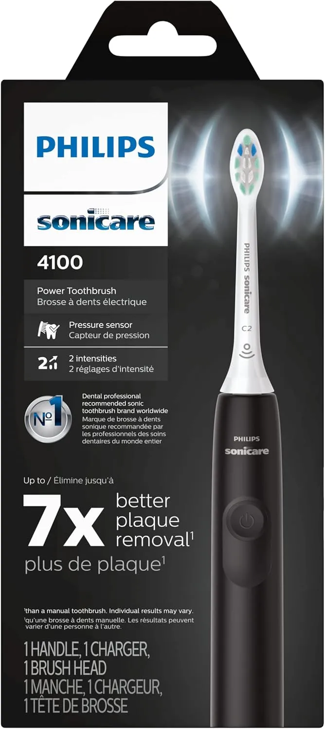 Philips Sonicare 4100 Rechargeable Electric Toothbrush, with Pressure Sensor, 2 Intensity Settings, SmarTimer and QuadPacer, 14-Day Battery Life, Black, Model HX3681/24