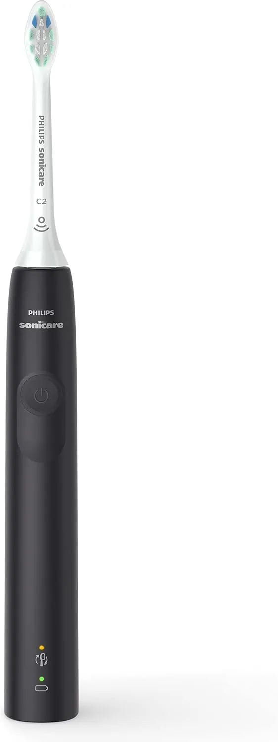 Philips Sonicare 4100 Rechargeable Electric Toothbrush, with Pressure Sensor, 2 Intensity Settings, SmarTimer and QuadPacer, 14-Day Battery Life, Black, Model HX3681/24